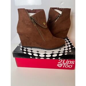 2 Lips Too Brown Wedge Heel Ankle Booties Zipper Accent Women's Shoes